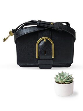 Fossil Wiley Saddle Bag Black Leather Crossbody Old English Brass Key Charm